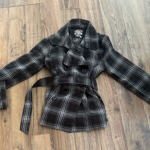 Ashley By 26 International Black and Gray Plaid Double-Breasted Trench Coat
